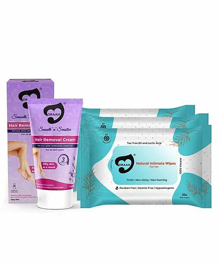 Oraah Smooth n Sensitive Hair Removal Cream & Intimate Hygiene Wipes Pack of 4 - 10 gm & 10 Wipes Each