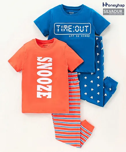 Honeyhap Half Sleeves T-Shirt & Pajama Set With Silvadur Antimicrobial Finish Pack of 2 - Blue & Orange