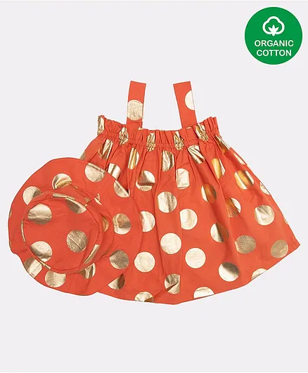 Nino Bambino 100% Organic Cotton Sleeveless Polka Dotted Dress With Hat - Orange