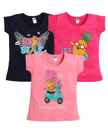 Nottie Planet Pack Of 3 Short Sleeves Pineapple & Cute Style Printed Tee - Pink & Black