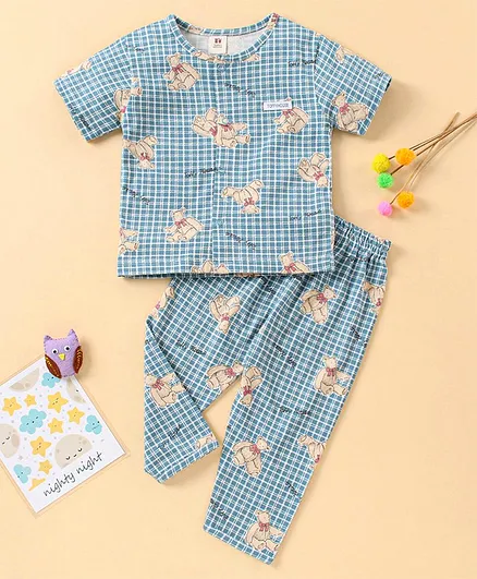 ToffyHouse Half Sleeves Checked Night Suit Teddy Print - Blue