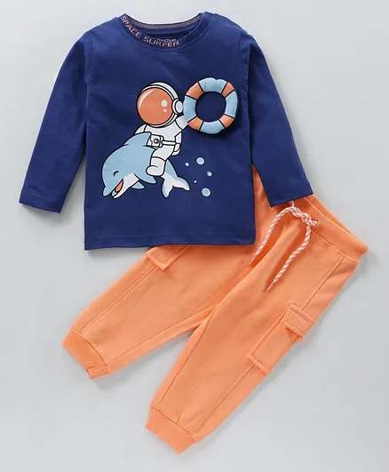 Babyoye Full Sleeves Cotton Tee and Lounge Pant Set Diver Print - Navy Blue