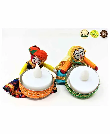 A&A Kreative Box Rajasthani Boy & Girl Magnetic Puppet Shaped Candle Stand Set of 2 - Multicolor