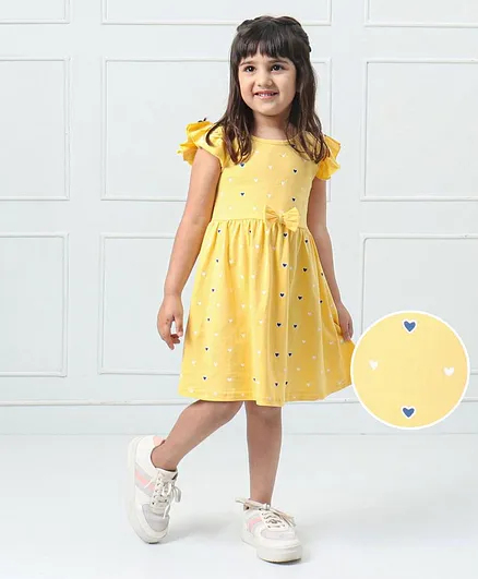 Hola Bonita Half Sleeves Printed Knit Dress Heart Print - Yellow