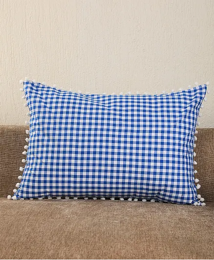 My Gift Booth Check Pom Pom Pillow Cover - Royal Blue