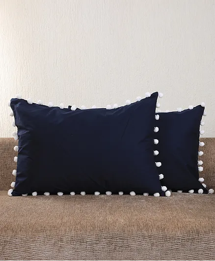 My Gift Booth Check Pom Pom Pillow Covers Set of 2 - Navy Blue