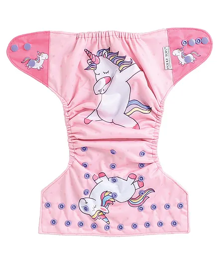 POLKA TOTS Reusable & Washable Fleece Cloth Diaper with 1 Diaper Liner and Size Adjustable Snap Buttons - Unicorn Pink