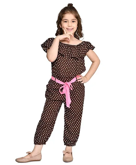 Lilpicks Couture Half Sleeves Polka Dots Print Cold Shoulder Jumpsuit - Brown