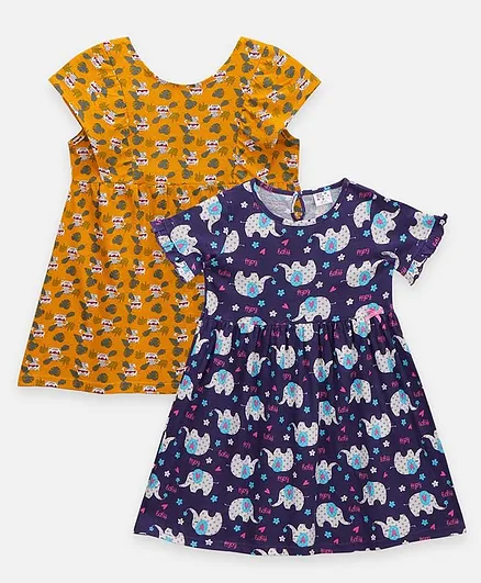 Lilpicks Couture Pack Of 2 Half Sleeves Cat & Elephant Print Dresses - Blue & Mustard