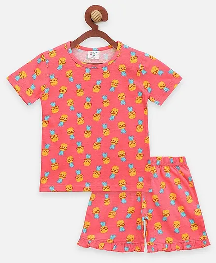 Lilpicks Couture Half Sleeves Pineapple Print Night Suit - Coral Pink