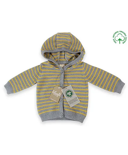 LilSoft Organic Cotton Full Sleeves Striped Hooded Jacket Sweater - Mustard