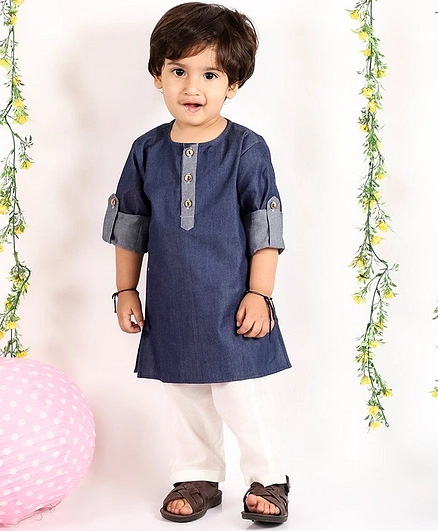 Little Bansi Full Sleeves Buttoned Kurta With Pajama - Blue
