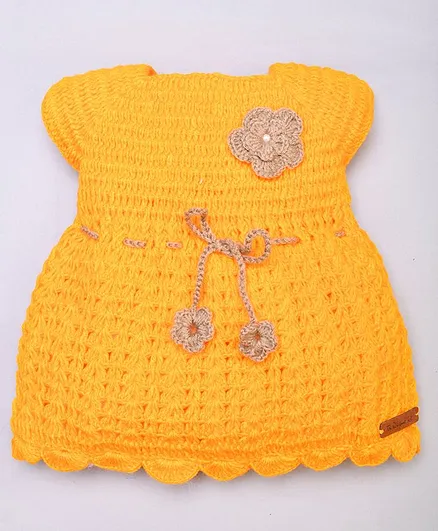 The Original Knit Short Sleeves Flower Design Sweater Dress - Yellow