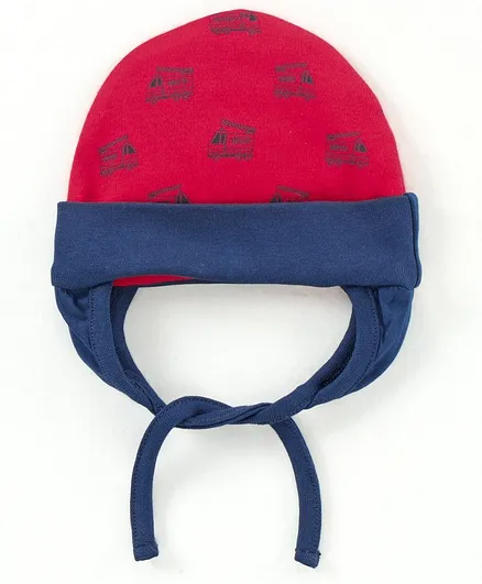 Babyhug 100%Cotton Cap With Tie Knot Style Fire Brigade Print  Red - Diameter 9.5 cm