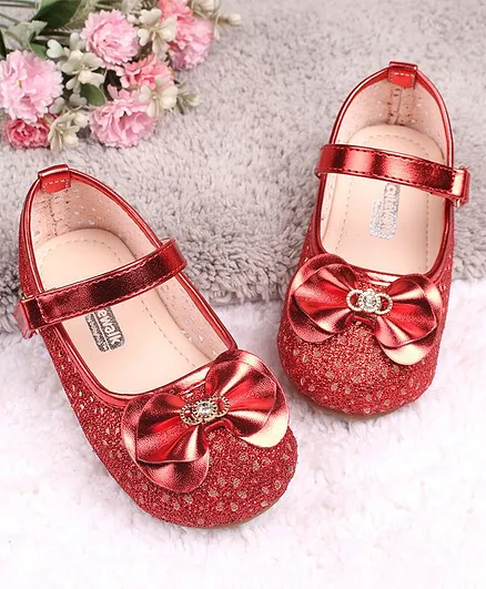 Cute Walk By Babyhug Belly Shoes Studded Bow Applique - Red