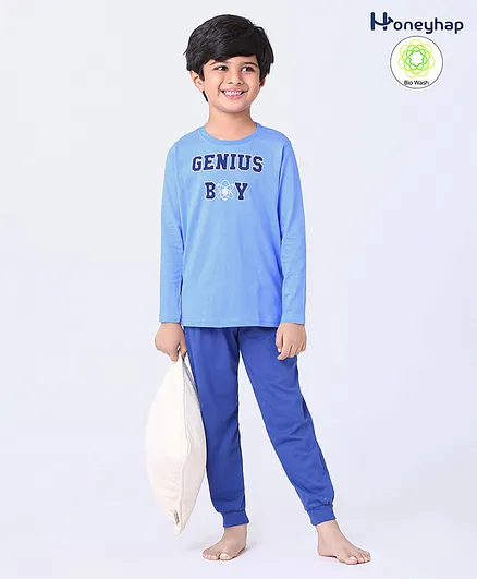 Honeyhap 100%Cotton Full Sleeves Night Suit With Silvadur Antimicrobial Finish Genius Boy Print - Blue