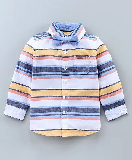 Babyoye Party Wear Cotton Full Sleeves Stripe Shirt With Bow  - White Blue