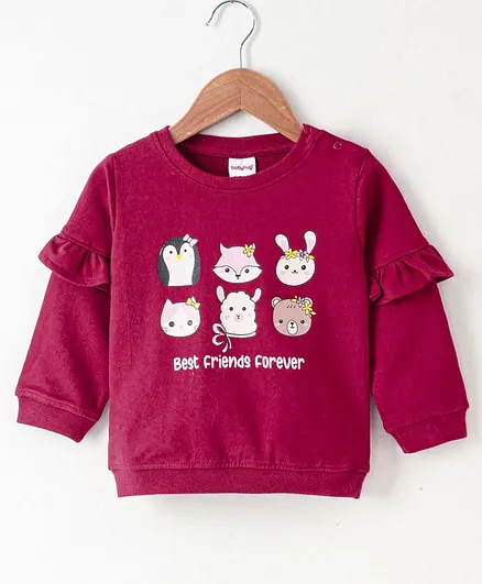 Babyhug Full Sleeves Sweatshirt With Frill Detailing Animals Graphic - Red