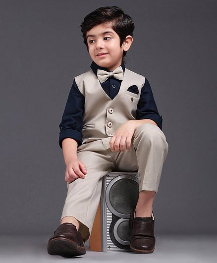 Robo Fry Full Sleeves Shirt With Trouser & Waistcoat Bow Applique - Beige
