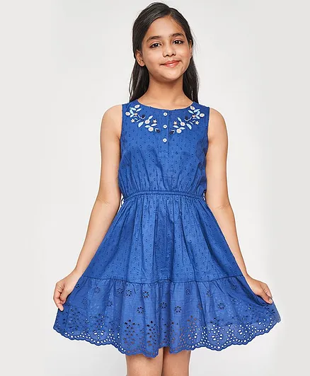 Global Desi Girl Sleeveless Floral Embroidered Dress - Navy Blue