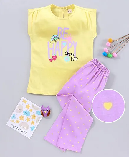 ToffyHouse Half Sleeves Printed Top and Pyjama Sets - Yellow Pink