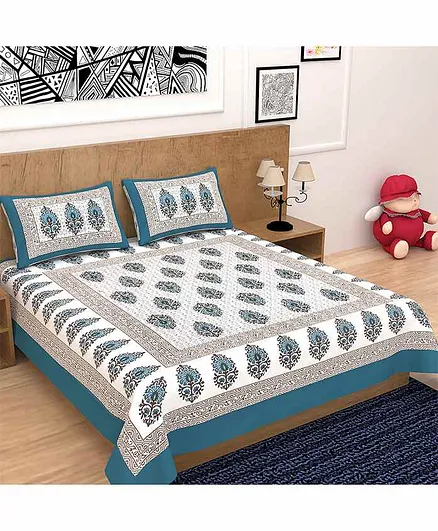 Divamee Cotton Double Bedsheet With Pillow Covers Jaipuri Print - Blue