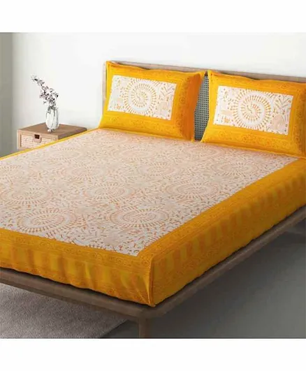 Divamee 100% Cotton Double Bedsheet With Pillow Covers Jaipuri Print - Yellow