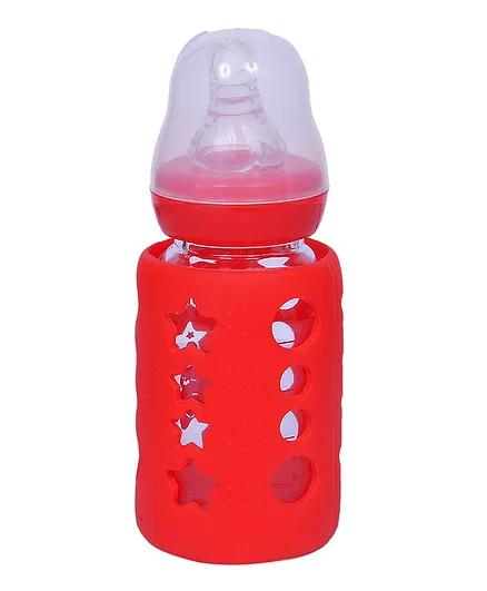 Tiny Tycoonz Glass Feeding Bottle with Protective Warmer Red - 120 Ml
