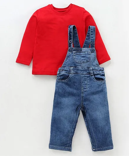 Babyoye Cotton Dungaree With Full Sleeves Tee - Red Blue