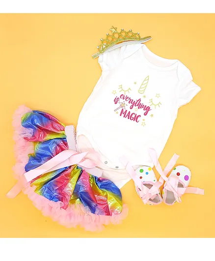 MOMISY Half Sleeves Onesie & Tutu Skirt with Booties & Tiara - Multicolor