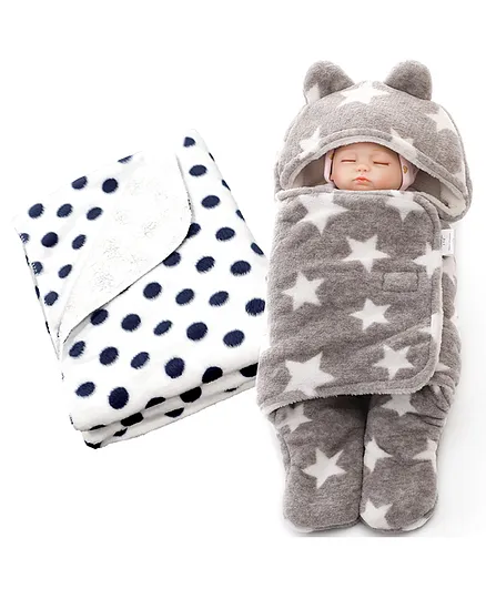 Brandonn Hooded Wearable Blanket & Bedding Crib Blanket Pack of 2 Polka Dot Print - Grey & White