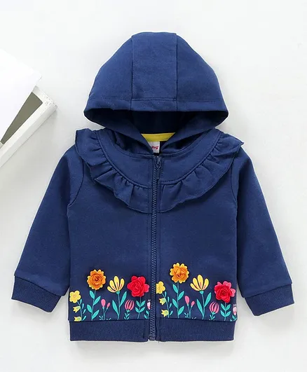 Babyhug Full Sleeves Hooded Sweat Jacket Floral Appliques - Navy Blue