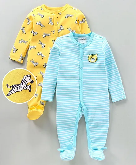 Babyoye Cotton Full Sleeves Striped Sleep Suits Animals Print Pack of 2 - Yellow Blue