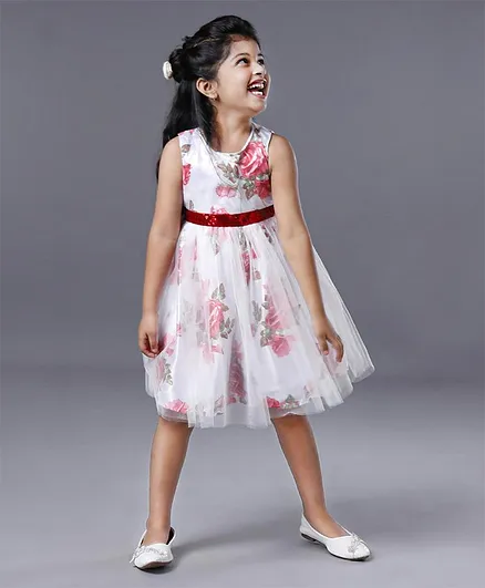 Babyhug Sleeveless Party Wear Frock Floral Print - White