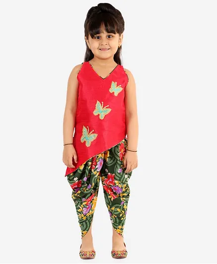 KID1 Sleeveless Butterfly Embellished Kurta With Dhoti - Red