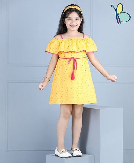 Hola Bonita Lace Border Dobby Cotton Off Shoulder Frock with Dori Belt Polka Dot Print - Yellow