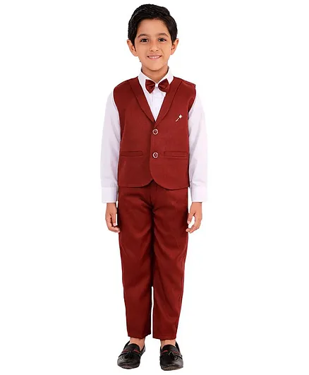 Fourfolds Full Sleeves Solid Colour Shirt With Bow Tie Waistcoat & Pants - Brown