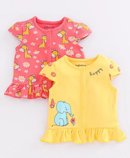 Babyoye Consumables Cap Sleeves Jhablas Animal Print Pack of 2 - Dark Pink Light Yellow