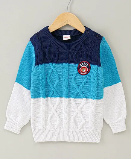 Babyhug Full Sleeves Sweater Bear Embroidery - Blue White