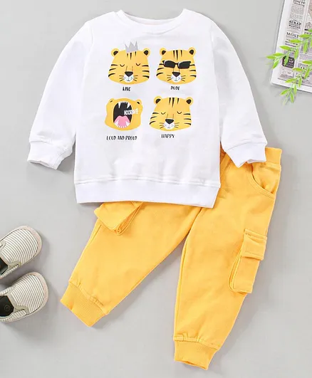 Babyhug Full Sleeves Tee & Jogger Pant Tiger Print - White Yellow