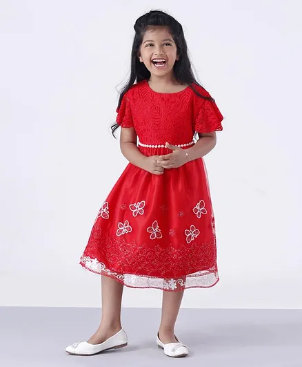 Mark & Mia Half Sleeves Party Frock Butterfly Embroidery - Red