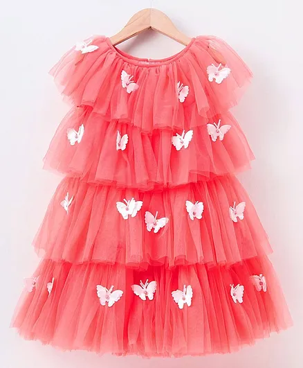 Enfance Half Sleeves Butterfly Applique Party Dress - Dark Red