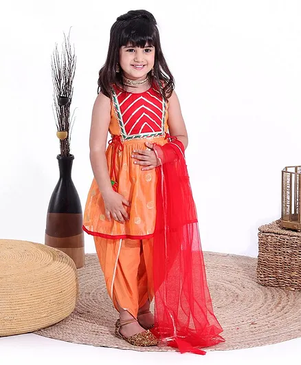 Babyoye Cotton Blend Sleeveless Kurta and Dhoti Pant Set Fusion Wear Embroidered with Border Lace - Orange Red