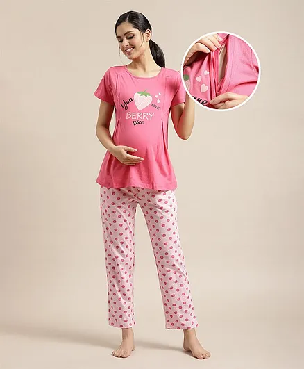 Bella Mama Half Sleeves Maternity Night Suit - Pink