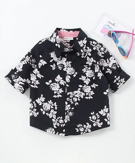 CrayonFlakes Full Sleeves Floral Printed Shirt - Black