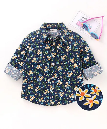 CrayonFlakes Full Sleeves Floral Printed Shirt - Navy Blue