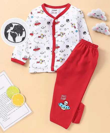Cucumber Cotton Full Sleeves Full Length Pyjama Set - Red