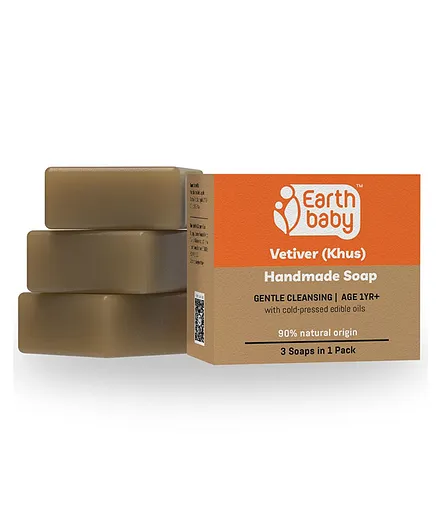 earthBaby Natural Handmade Vetiver Khus Bath Soap Pack of 3 - 100 gm Each