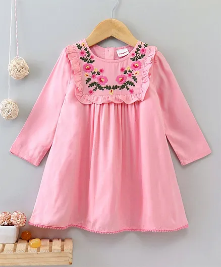 Babyhug Full Sleeves Frock Floral Embroidery - Pink