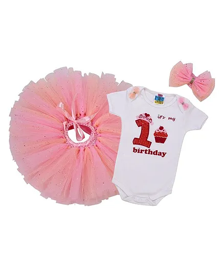 TINY MINY MEE First Birthday Print Short Sleeves Onesie With Skirt & Headband - White & Pink